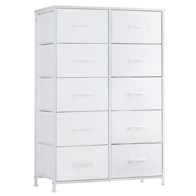 EDX Commode à 10 Tiroirs pour Chambre, Tour d'Organisation de Rangement en Tissu Blanc avec Cadre en Acier Robuste et Dessus en Bois. la Commode Présente Dix Tiroirs en Tissu Spacieux avec Poignées Blanches, Offrant un Grand Espace de Rangement pour Organiser des Articles Tout en Préservant l'Intimité. des Patins de Pieds Ajustables Assurent une Stabilité sur les Planchers Irréguliers, et les Matériaux Durables Garantissent une Utilisation durable. Son design Moderne Complète la Plupart des Décors de Chambre et de Salon. Convient comme Meuble Télé compact.
