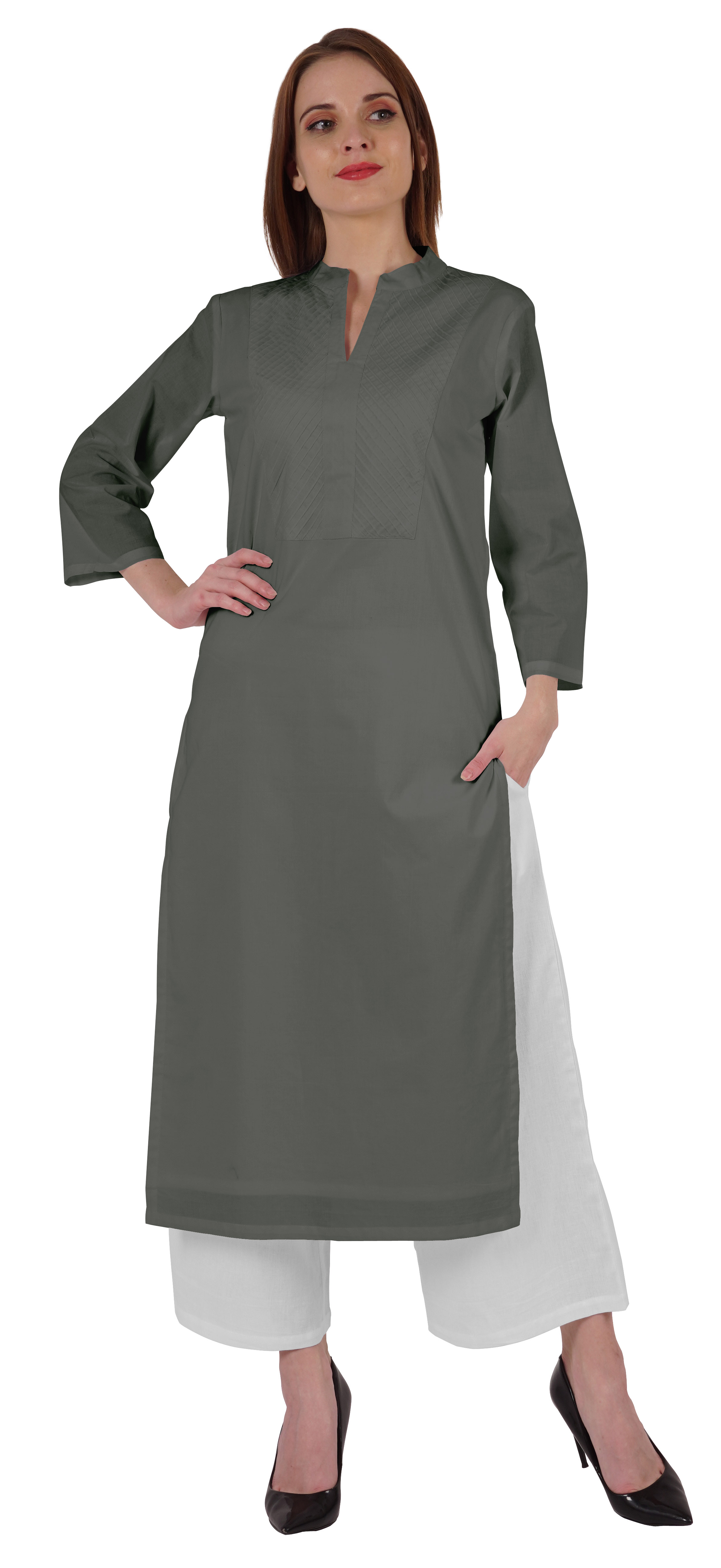 Bimba Kurta Droite Unie Ethnique Indienne pour Femmes à Col Mandarin avec Encolure Plissée en Coton