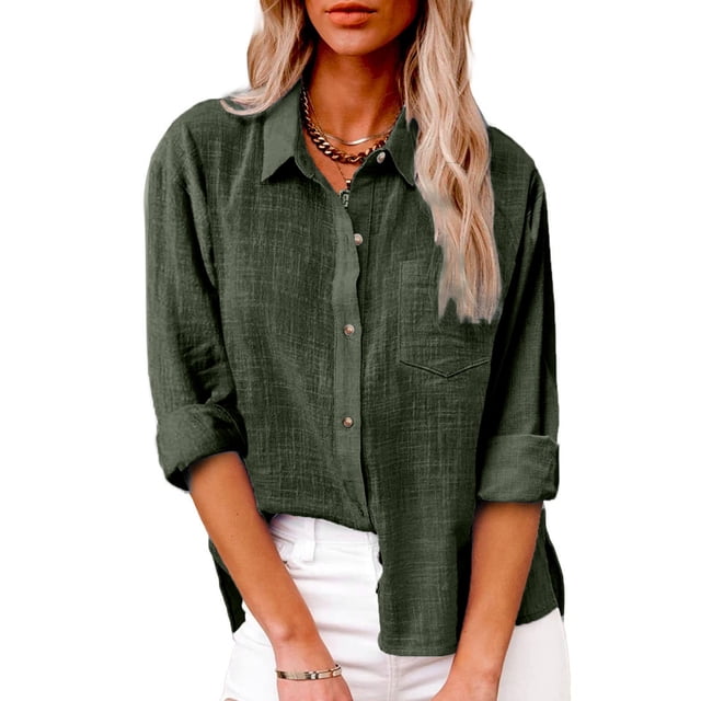 AherBiu Plus Size Women Button down Tops Long Sleeve Lapel Collar Linen Tops Fall Casual Solid Color Cotton Blouses
