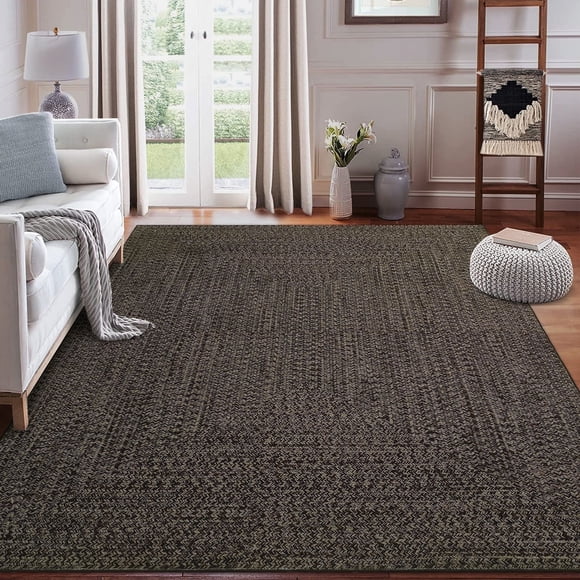 Garvee 9'x12' Large Area Rugs Braided Print Rug, Machine Washable Indoor Rug Non-Slip Low Pile Farmhouse Solid Carpet for Bedroom, Living Room, Dining Room Office, Brown