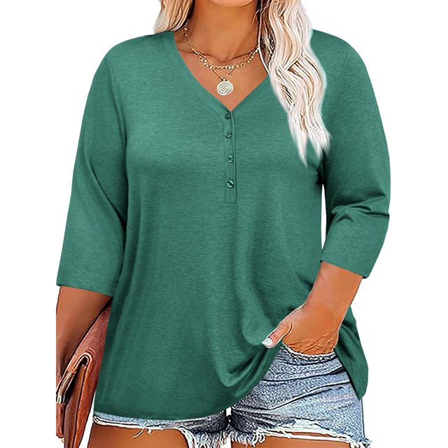 Jsaierl Womens Solid Color Loose Plus Size Tops 3/4 Sleeve V Neck Casual Blouses Basic Lightweight Simple Shirts