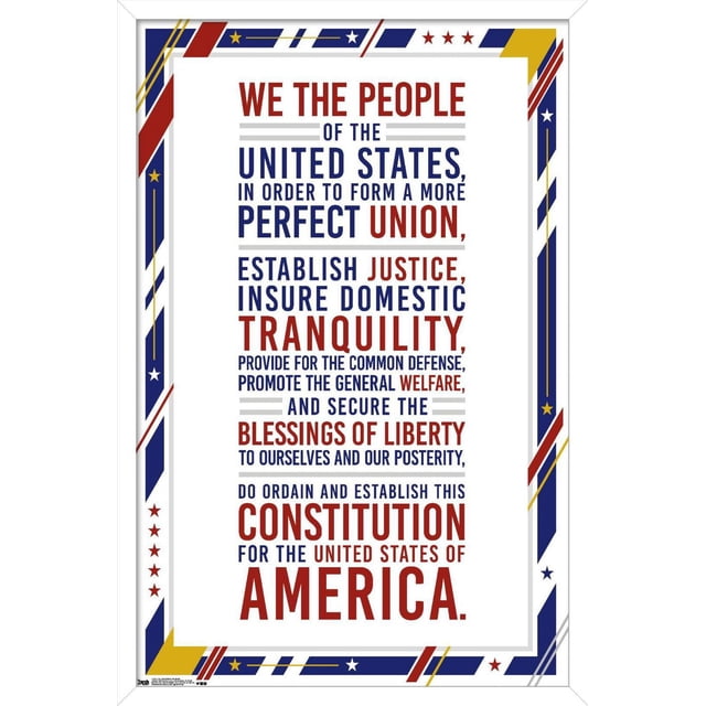 Les États-Unis d'Amérique - Affiche Murale du Préambule de Constitution, 22,375 Pouces x 34 Pouces, Montrant le Texte du Préambule en Rouge et Bleu Gras sur Papier d'Affiche Blanc Lustré avec une Bordure Patriotique de Rayures Rouges, Bleues, Jaunes et d'Étoiles Blanches, Convenant à l'Art Mural à la Maison Ou au Bureau et à la Déco de Pièce.