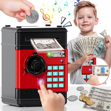 Piggy Bank Toy with Password and Fingerprint Unlocking Simulation, Automatic Electronic Piggy Bank with Music for Kids, Cash Coin Can ATM Bank for 3 4 5 6 7 8 9 Year Old Boys Girls - Black & Red