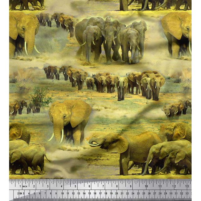 Soimoi Modal Satin Fabric tree & elephant Animal Print Fabric by the Yard 42 Inch Wide