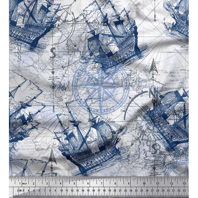 Soimoi Rayon Fabric Ship & Direction Compass Nautical Fabric Prints By Yard 56 Inch Wide