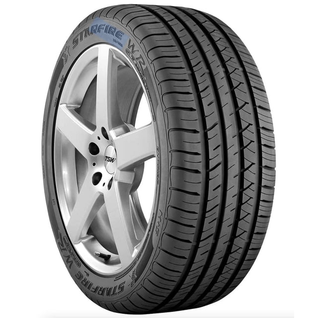 Starfire WR 225/45R18XL 95W BSW Tire shown at a 3/4 angle mounted on a silver five-spoke alloy wheel, featuring an asymmetrical tread pattern for all-season traction, reduced road noise, and improved cornering, suitable for wet, dry, and light winter conditions common in Canada.