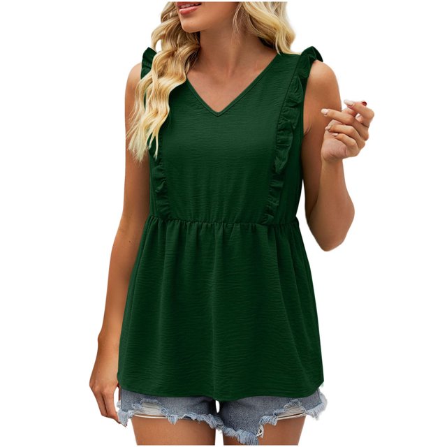Timegard Tank Tops for Women Ruffle Sleeveless V Neck Tunic Tops Casual Summer Fashion Solid Color