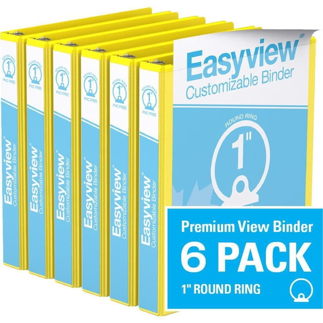 Davis Group Easyview Premium Round Ring Customizable View Binder 6 Pack 1 inch with yellow spines and clear overlay pockets on front, spine, and back covers for document customization and security, made from durable PVC-free polypropylene and recycled board, ideal for office and school use.