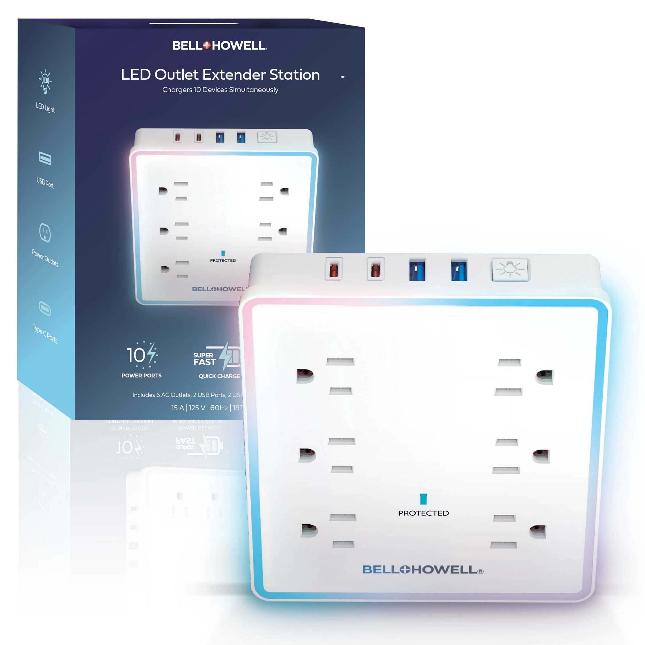 Bell + Howell LED Outlet Extender Station 10 Port Surge Protector with 6 AC Outlets 2 USB 2 USB-C Fast Charging Night Light