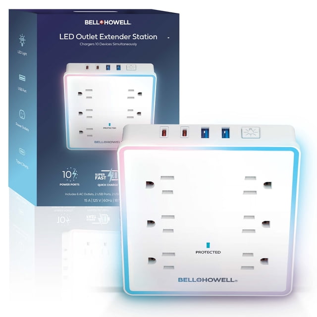 Bell + Howell LED Outlet Extender Station, a 10-port surge protector and charging hub with 6 AC outlets, 2 USB ports, and 2 USB-C ports. Features fast charging technology, surge protection, and RGB/white LED night light. Compact design ideal for bedrooms, kitchens, offices, and bathrooms.