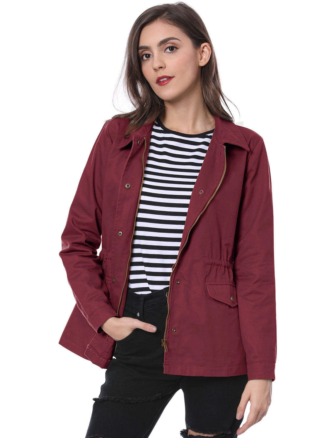INSPIRE CHIC Veste Utilitaire à Poche Rabattue et Taille Élastique avec Cordon de Serrage pour Femme