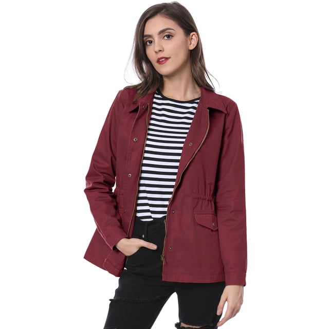 INSPIRE CHIC Women's Solid Drawstring Waist Flap Pocket Utility Jacket