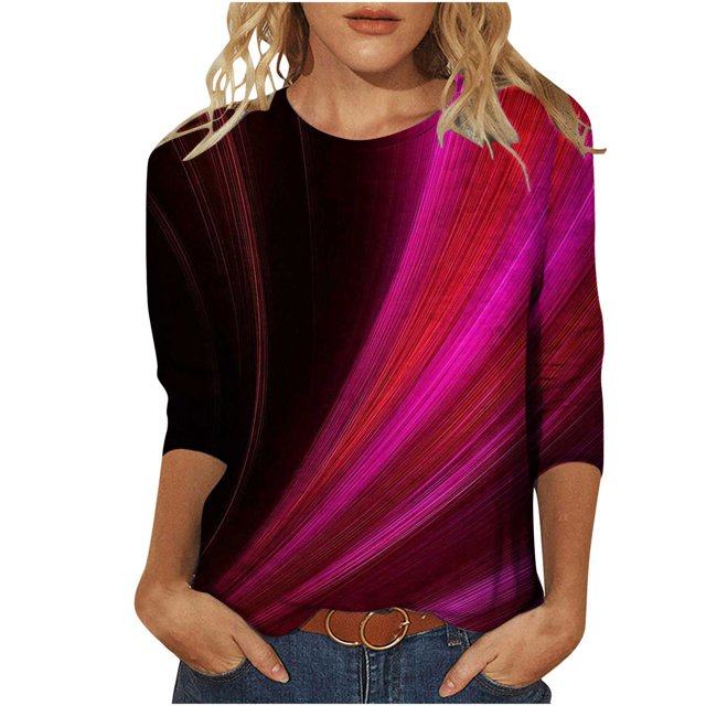 HKEJIAOI Hauts pour Femmes à Manches 3/4, Imprimé Floral, Col Ras du Cou, TTG, Blouse d'Été