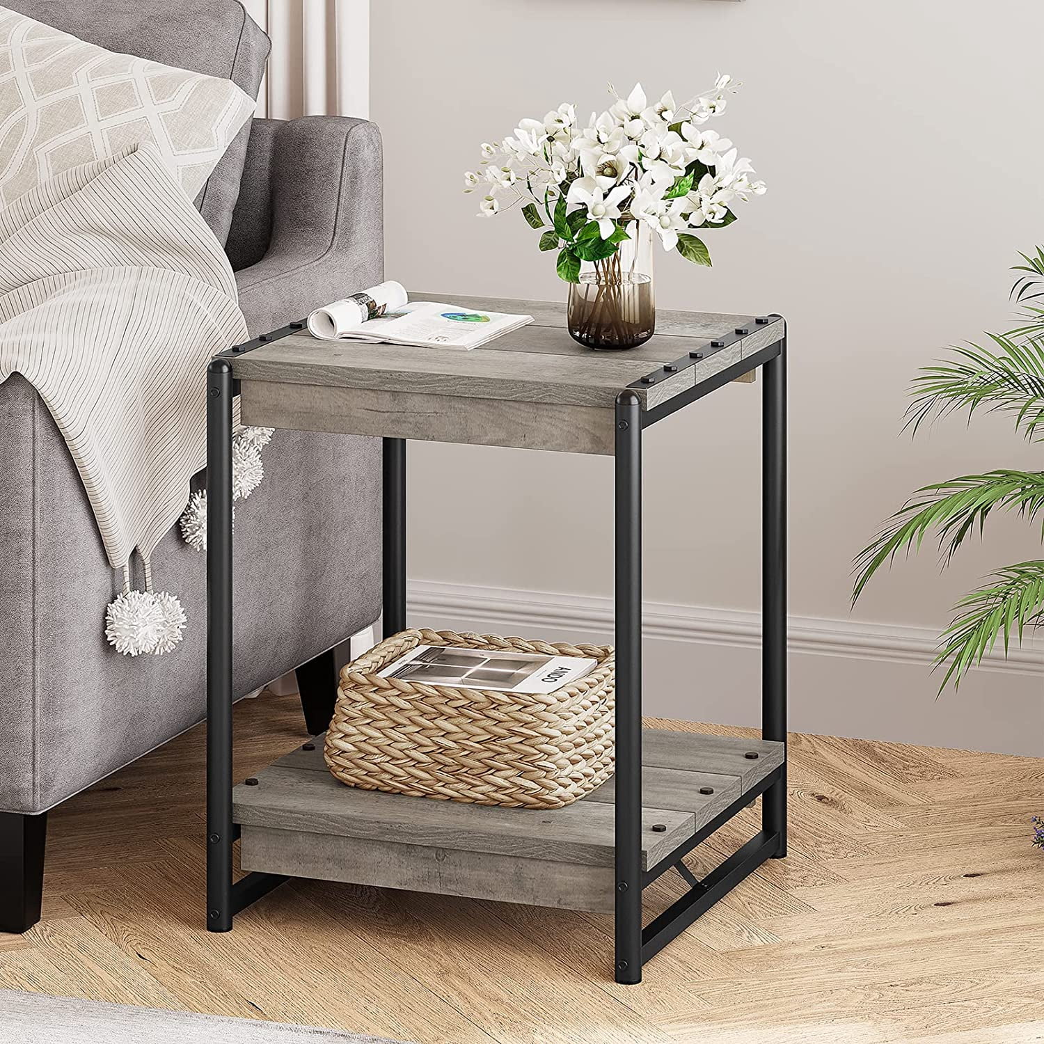 Industrial End Table, Farmhouse Side Table with 2-Tier Storage, 19.6 Square End Table with Sturdy Frame, Wood Nightstand Bed Side Table for Living Room, Bedroom, Grey, Easy Assembly