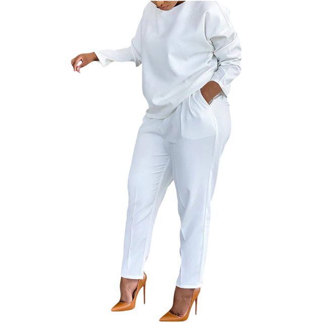 Yuyuzo Ensembles d'Automne pour Femmes Hauts à Manches Longues à Col Ras du Cou avec Pantalons à Jambe Droite Couleur Unie Ensembles 2 Pcs