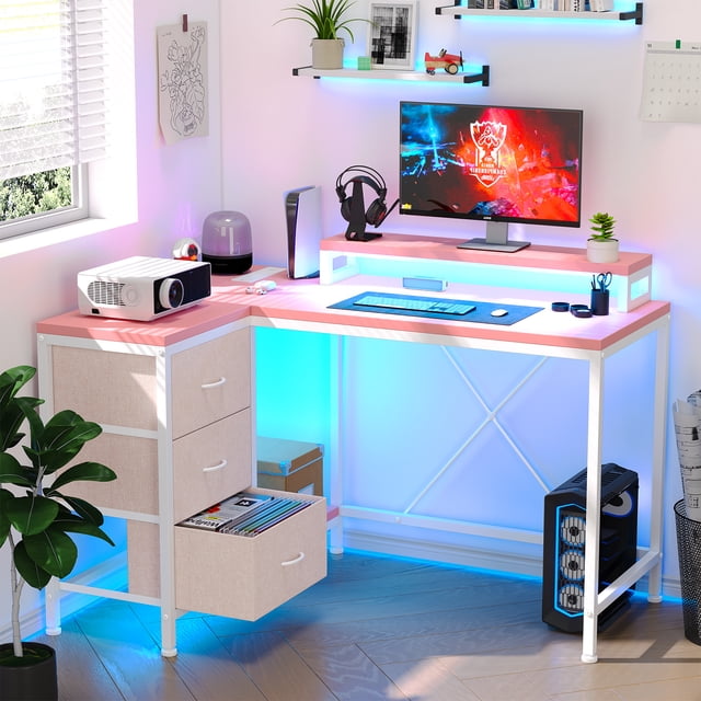 L Shaped Desk with Power Outlets & LED Lights, Computer Desk with Drawers & Shelves, Corner Desk Gaming Desk Home Office Desk