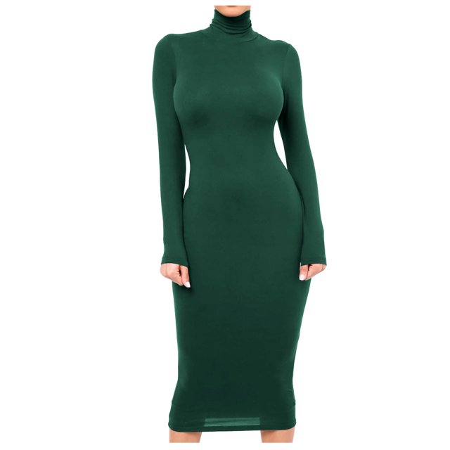 Gspmoly Robes pour Femmes, Mode Femme Robe Longue Ajustée à Col Montant à Manches Longues Robe de Couleur Unie Robes Formelles pour Femmes Offres du Jour