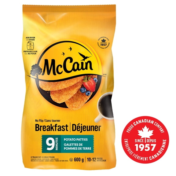 McCain® 9 Minute No Flip Potato Patties, Made in Canada from domestic and imported ingredients, 600g