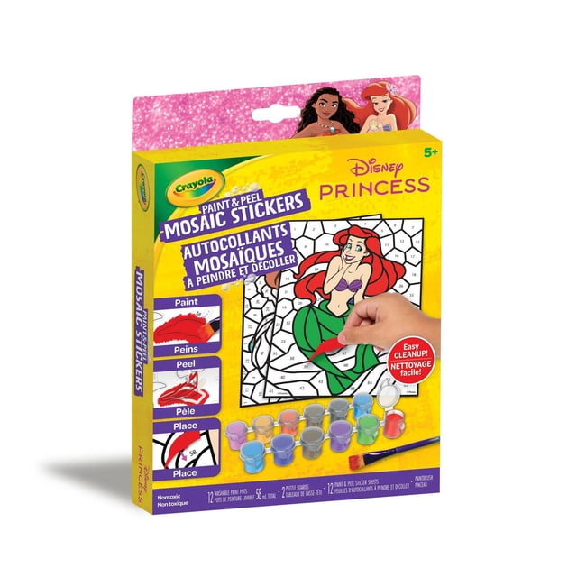 Crayola Paint & Peel Mosaic Stickers Kit, Disney Princess featuring a paint-by-number mosaic board with Ariel from The Little Mermaid. The kit includes 12 washable paint pots, a paintbrush, and paint & peel sticker sheets for kids ages 5 and up, designed for easy paint, peel, and place mosaic art with simple cleanup.