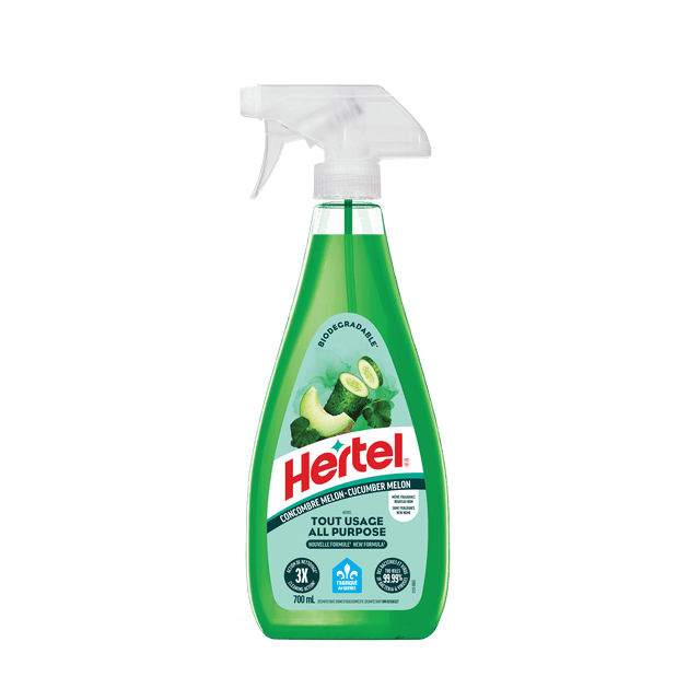 Hertel Disinfectant All Purpose Cleaner, Cucumber melon, 700ml spray bottle with green liquid and clear trigger, biodegradable and phosphate-free formula for disinfecting and cleaning hard non-porous surfaces, featuring cucumber and melon images on the label.