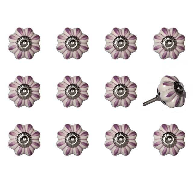 KNOB-IT vintage handpainted ceramic knobs 12-pack featuring flower-shaped white knobs with purple petal accents and central silver metal bolts, 1.5 inch diameter with bolts that can be trimmed, ideal for cabinets and drawers, easy to install and clean.