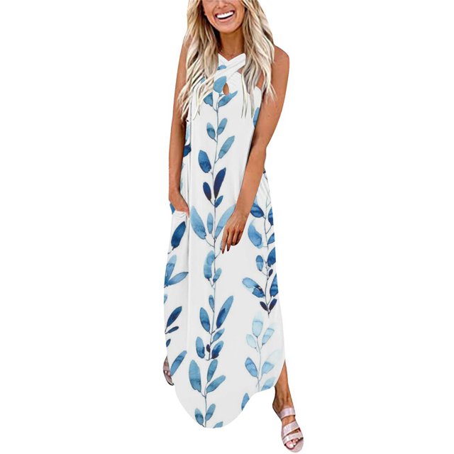 Robes pour Femmes 2023, Robe Longue Décontractée d'Été Imprimée, Robe de Plage Sans Manches à Col en V, Taille Empire, en Solde