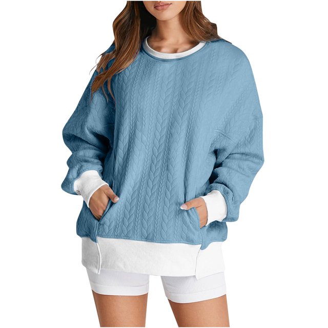 MeetoTime Women's Crewneck Sweatshirts Fall Long Sleeve Oversized Pullover Sweatshirts with Pockets