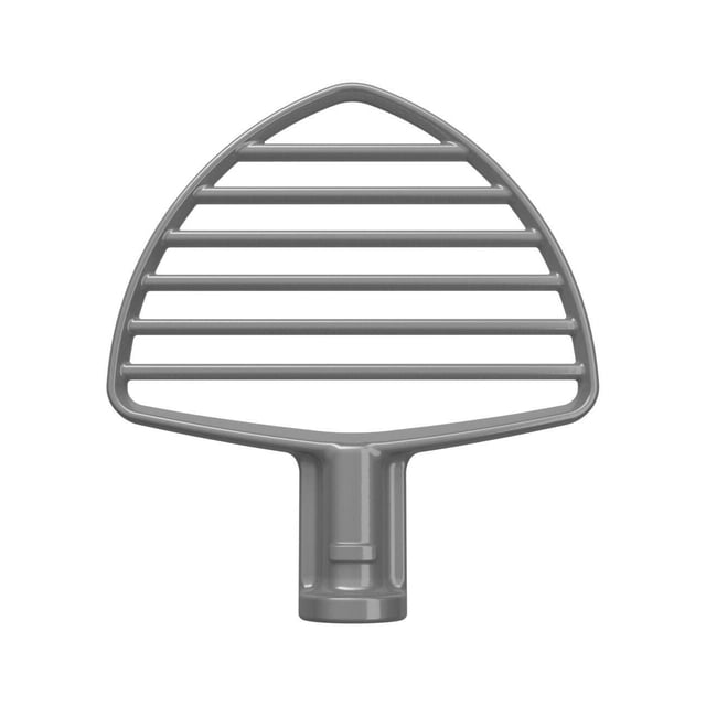 Pastry Beater for KitchenAid® Bowl-Lift Stand Mixers in gray with a triangular frame and seven horizontal bars, designed to cut cold butter into dough for flaky pastries, compatible with KitchenAid bowl-lift mixers with stainless steel bowls, also ideal for shredding meats and mashing fruits and vegetables.