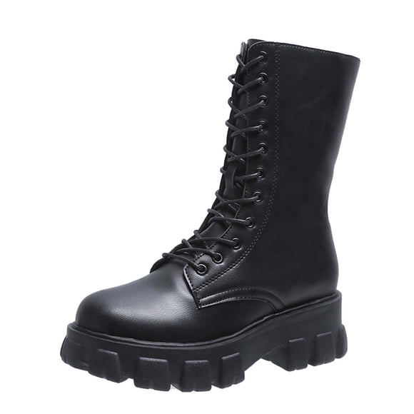jovati Womens Round Toe Platform Boots With Lace-up Motorcycle Boots Mid-tube Boots Ladies Fashion Increased Comfy Shoes