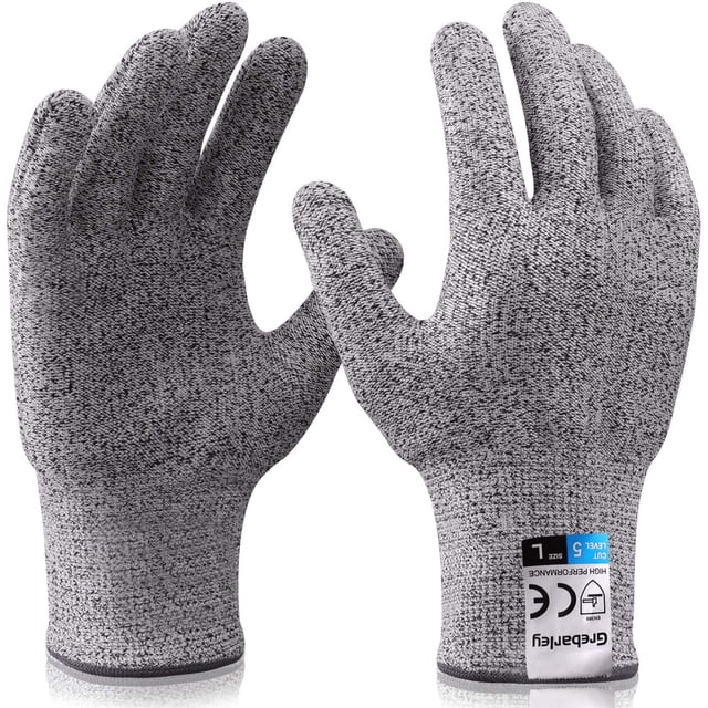 Cut Resistant Glove, Kitchen Gloves, Butcher Safety Level 5 Protection Gloves in gray, shown as a pair in size large. These gloves feature EN 388 level 5 cut protection, offering safety against sharp tools like knives and saws. Made from breathable, stretchy, and food-safe materials, they are suitable for kitchen, outdoor, and work environments. The gloves are machine washable and designed for comfort and durability.