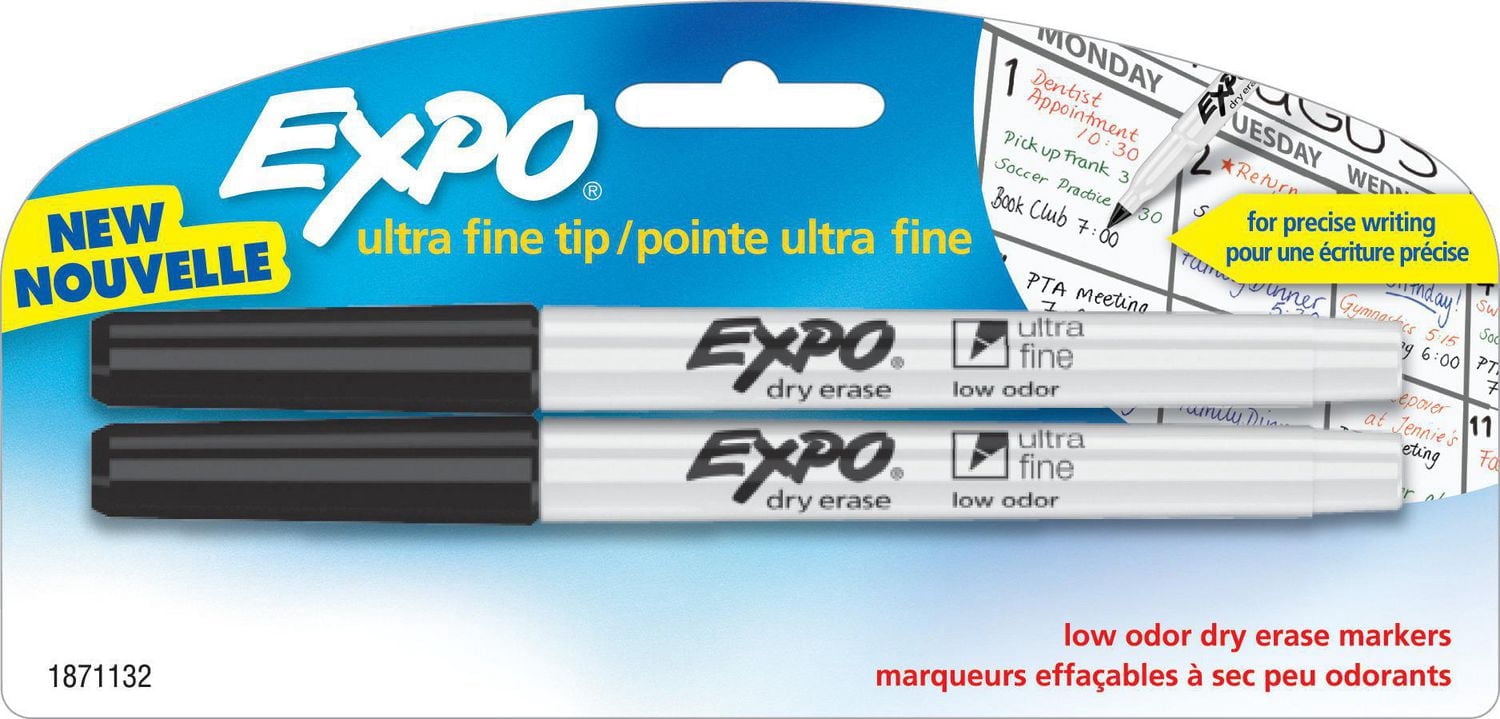 Marqueurs effaçables à sec Expo à faible odeur, pointe ultra-fine, noir, paq./2
