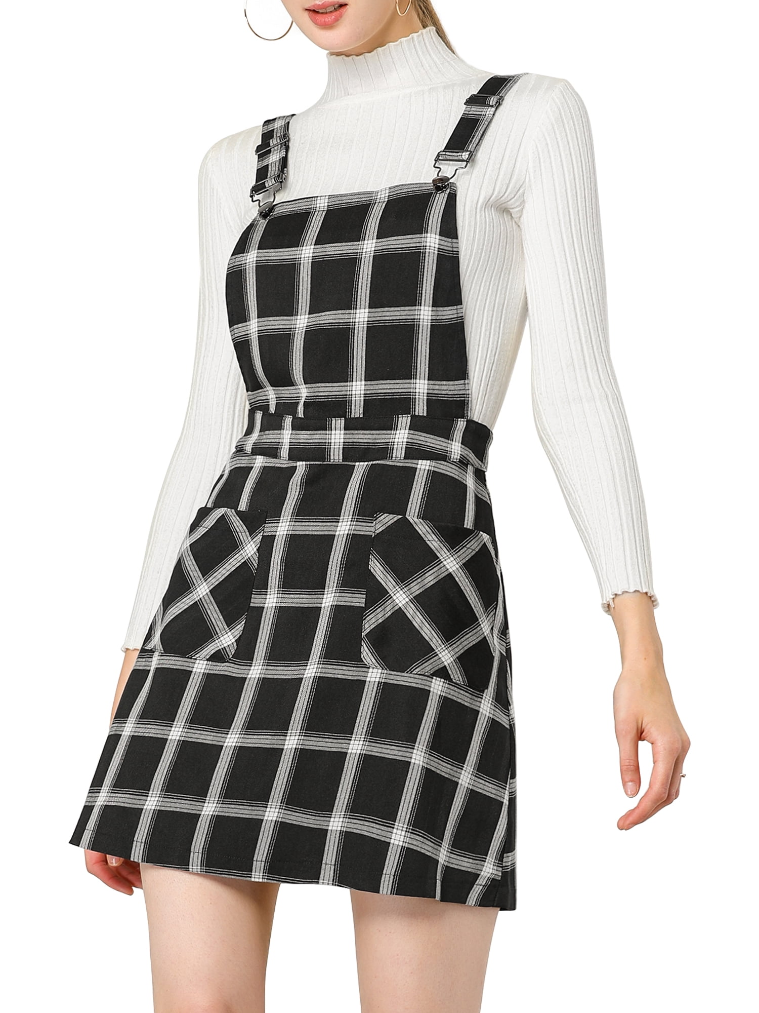 INSPIRE CHIC Robe Salopette à Carreaux pour Femme à Bretelles Ajustables 2TG Noir-Blanc