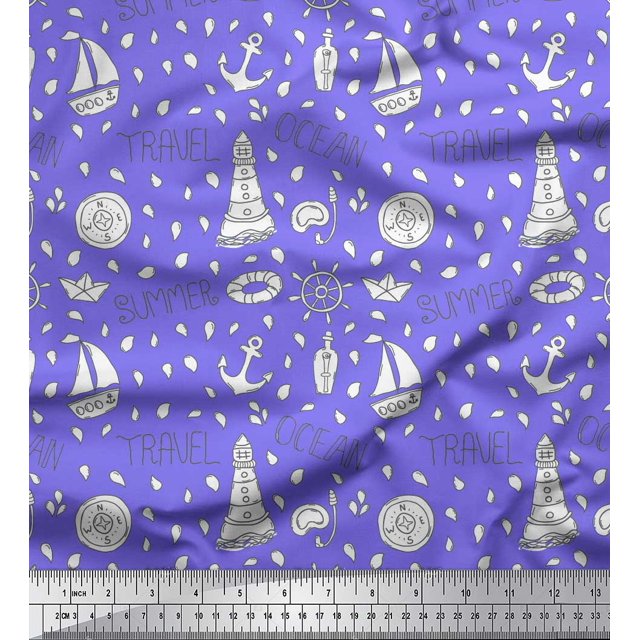 Soimoi Purple Poly Georgette Fabric Yacht & Direction Compass Nautical Decor Fabric Printed Yard 42 Inch Wide