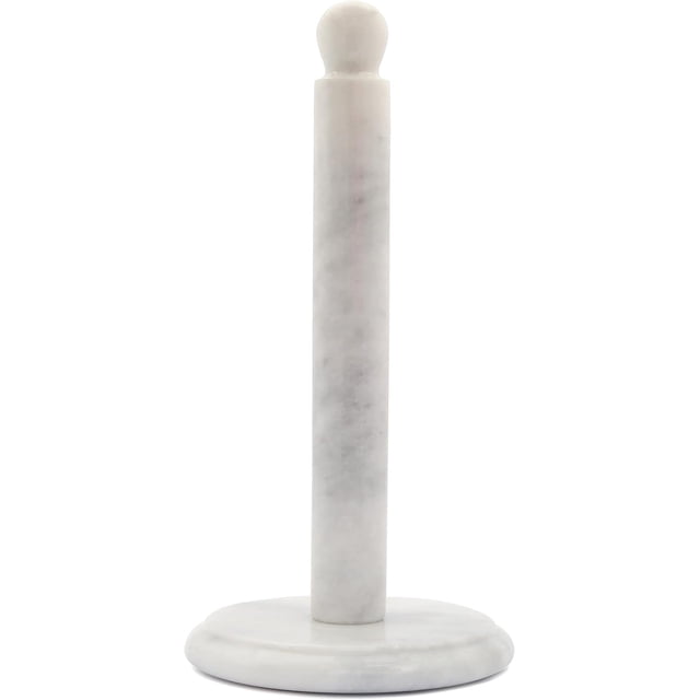 Radicaln Marble Paper Towel Holder in white, featuring a handmade design with a smooth marble finish. The holder includes a sturdy base and a vertical stand suitable for holding jumbo or regular paper towel rolls. Measures 12.5 inches in height and 6.5 inches in diameter. Ideal for countertop use in kitchens or bathrooms, and can also hold accessories like bracelets or ponytails.