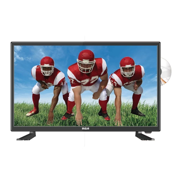 RCA 24" LED TV/DVD Combo showing three American football players in red and white uniforms crouched on green grass under a blue sky, with a built-in slot-loading DVD player and a disc partially visible on the right side.