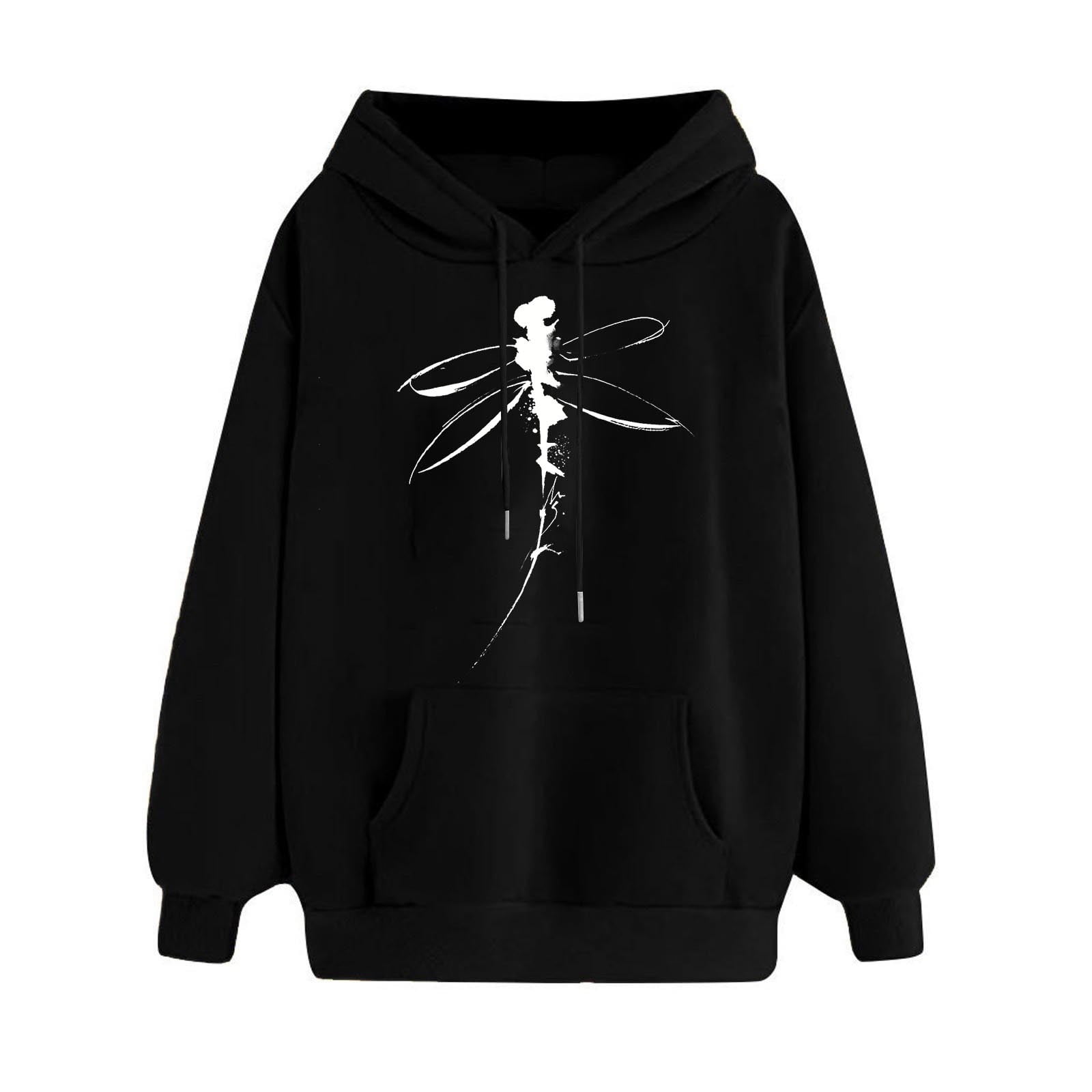 Lmkihusa Women's Cute Hoodies Dragonfly Printing Pullover Soft Sweatshirts Long Sleeve Drawstring Casual Loose Hoodies With Pocket 2025 Black,m