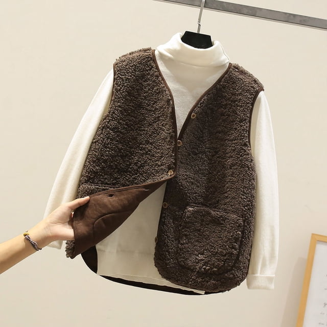 Mikilon Women Pocket Vest Coat Short Jacket Winter Sleeveless Fleece Button Solid Outerwear
