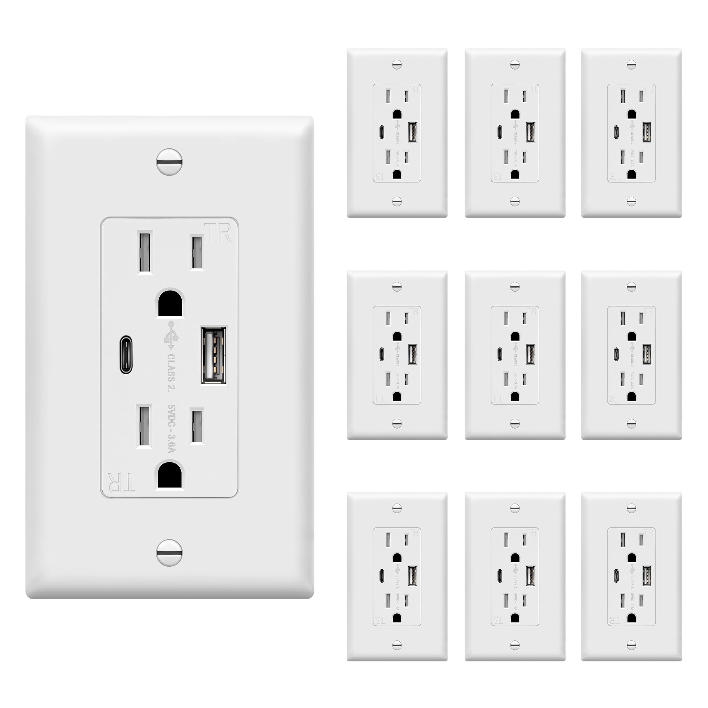 TOPGREENER USB Outlet, Type C Wall Outlet, 15 Amp TR Receptacle Plug, Charging Power Outlet with USB Ports, Electrical USB Socket, Wall Plate Include