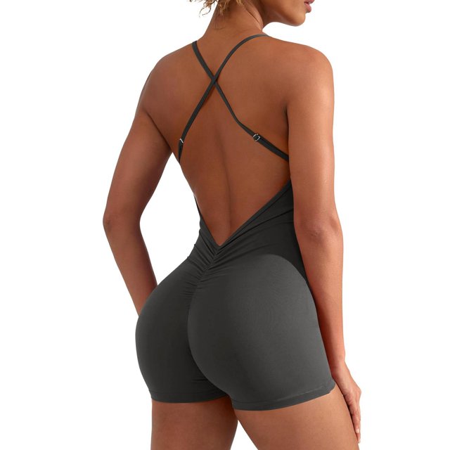 Femmes Dos Nu Ventre Contrôle Combinaisons Taille Haute Séance d'Entraînement Combinaisons Sans Manches V Dos Scrunch Yoga Rompers