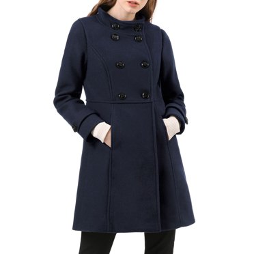 INSPIRE CHIC Women's Coat Double Breasted Midi Length Stand Collar Long Sleeve Coat S Blue