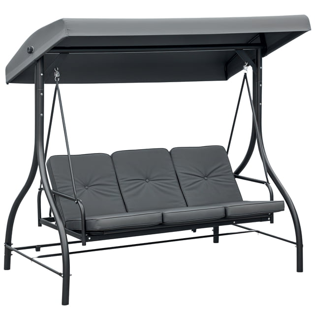 Outsunny 3 Seater Patio Swing Chair with Canopy Convertible Porch Swing Bed in dark grey and black. Features a powder-coated steel frame, weather-resistant polyester canopy, and breathable mesh seat. The swing can seat up to three adults and converts into a daybed with a lockable recline function. Includes a cushioned seat pad for added comfort. Dimensions: 76.75 inches long, 46 inches wide, and 69 inches high. Weight capacity: 528 lbs.