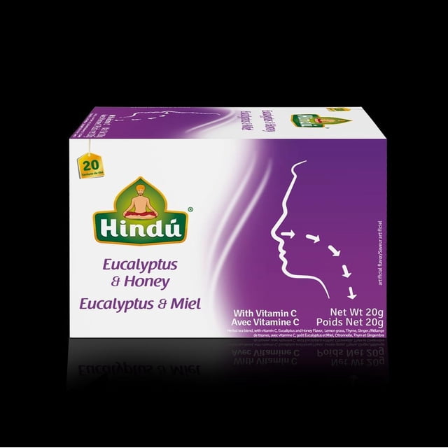 Hindu Eucalyptus & Honey Tea 20gr box with white and purple packaging, featuring the Hindu logo with a meditating figure, bilingual text highlighting eucalyptus, honey, Vitamin C, and immune support, and a stylized face profile with arrows indicating respiratory comfort, ideal as a caffeine-free herbal tea for daily wellness.