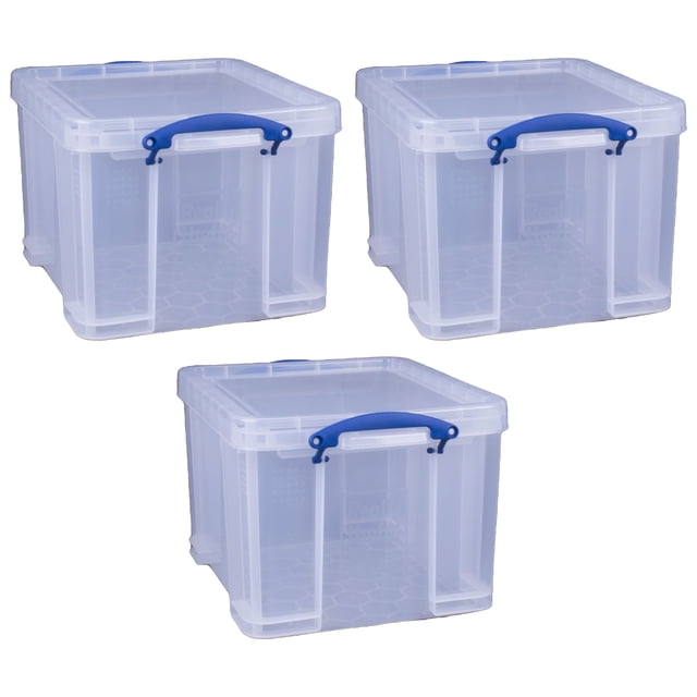 Really Useful Box Clear Stackable Storage Bins with Lids and Handles, 32 Liters, 3 pack