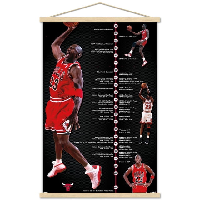 Michael Jordan - Timeline Wall Poster, 22.375" x 34" framed, displaying a black background with a vertical timeline of Michael Jordan's basketball achievements from 1981 to 2009. The poster includes three images of Jordan in Chicago Bulls jerseys numbered 23, showing him dunking, shooting, and standing with hands on hips. The timeline highlights NCAA championships, NBA MVP awards, scoring titles, and Hall of Fame induction. The framed poster has a wooden hanger for easy wall display.
