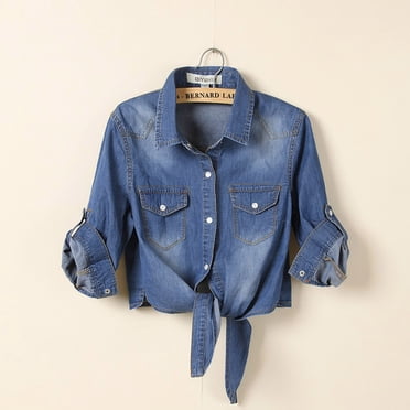 EGNMCR Womens Long Sleeve Jacket, Long Sleeve Hoodless Casual Outwear & Jackets Women's Casual 3/4 Sleeve Crop Jean Knot Tie Shirt Jacket Women's denim jacket