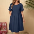 thumbnail image 2 of Amzcrzy Robes pour Femmes Robe en Coton et Lin de Couleur Unie Mode à Manches Courtes Robes d'Été pour Femmes Col Rond Robe d'Été Décontractée Plissée Robes Midi pour Femmes avec Poche, 2 of 9