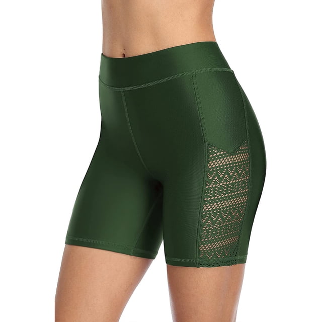 Womens Swim Shorts Hollow Out Long Swim Shorts High Waisted Swim Capri Pants