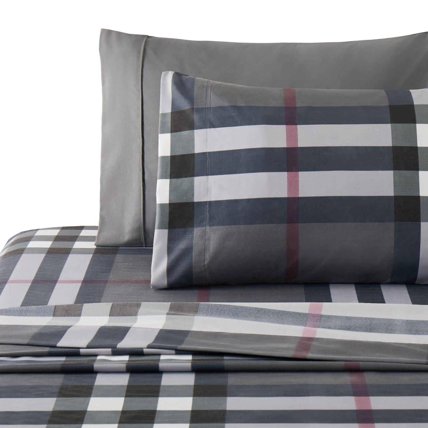 Literie Marina Décoration ultra douce, soyeuse et riche en soie, imprimée, en rayonne de bambou, toutes saisons, avec taies d'oreiller, motif tartan gris moderne