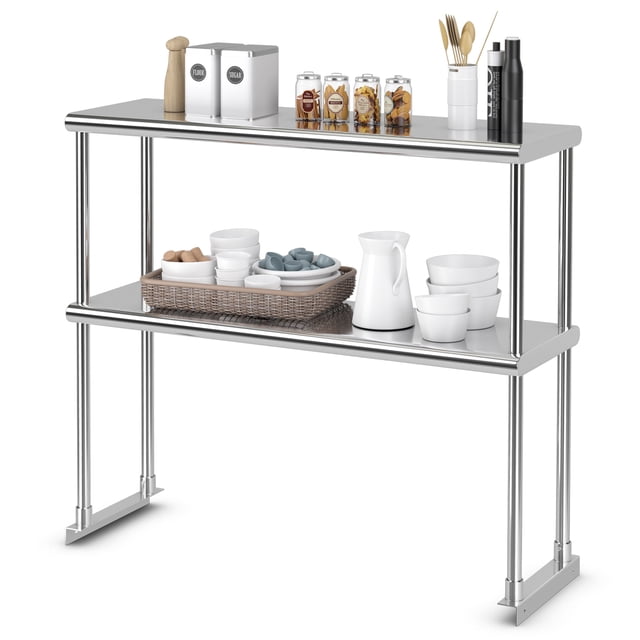Costway Étagère Supérieure à 2 Niveaux de 36 Pouces pour Préparation et Table de Travail en Acier Inoxydable 430 de Calibre 18. Dotée de Propriétés Antirouille et Anti-Déformation, avec Tablette Inférieure Réglable de 10 Pouces à 15 Pouces. Offre un Grand Espace de Rangement pour la Vaisselle, les Outils Ou les Légumes. l'Étagère Supérieure Supporte 400 Lb, l'Étagère Inférieure Supporte 340 Lb. Idéale pour les Cuisines, les restaurants et les Salles d'Outils. Utilisée Souvent pour Organiser les Articles de Lessive