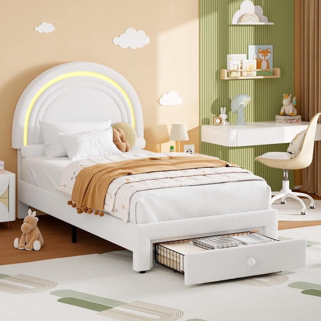 Eastvita White Twin LED Upholstered Princess Platform Bed with Rainbow Headboard Storage Drawer - No Box Spring Easy Assembly Cute Practical